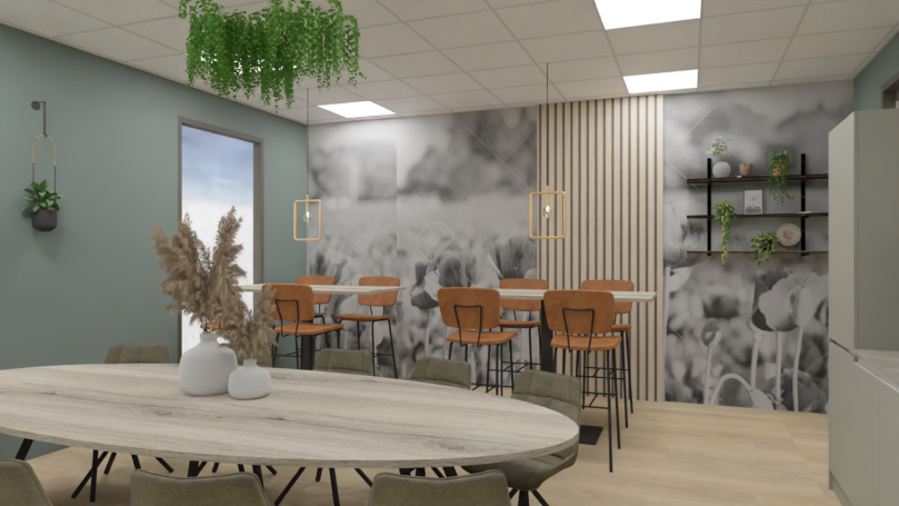 Kantine Sfeervolle kantine met een ovale tafel, hoge tafels, hoge stoelen en groene hangplanten aan het plafond.