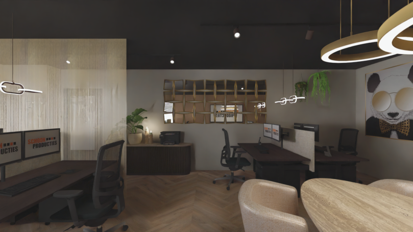 Moderne kantoorruimte met bureaus, stoelen en een warme, uitnodigende uitstraling.