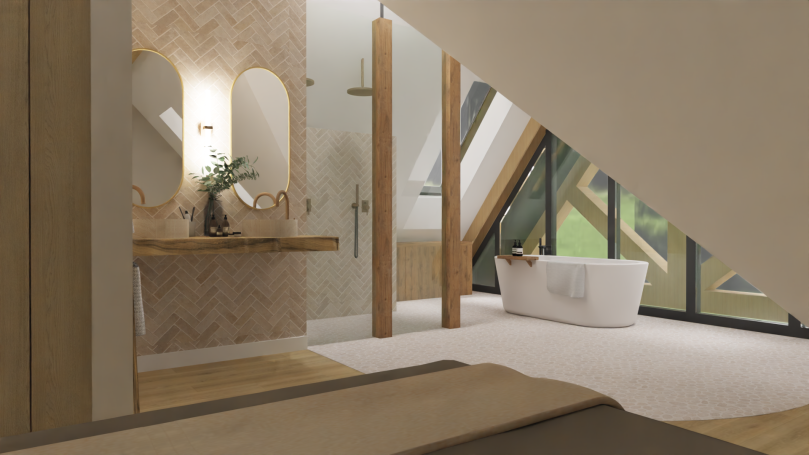 Badkamer Slaapkamer Moderne badkamer met een vrijstaand bad, houten accenten en een grote raamconstructie.